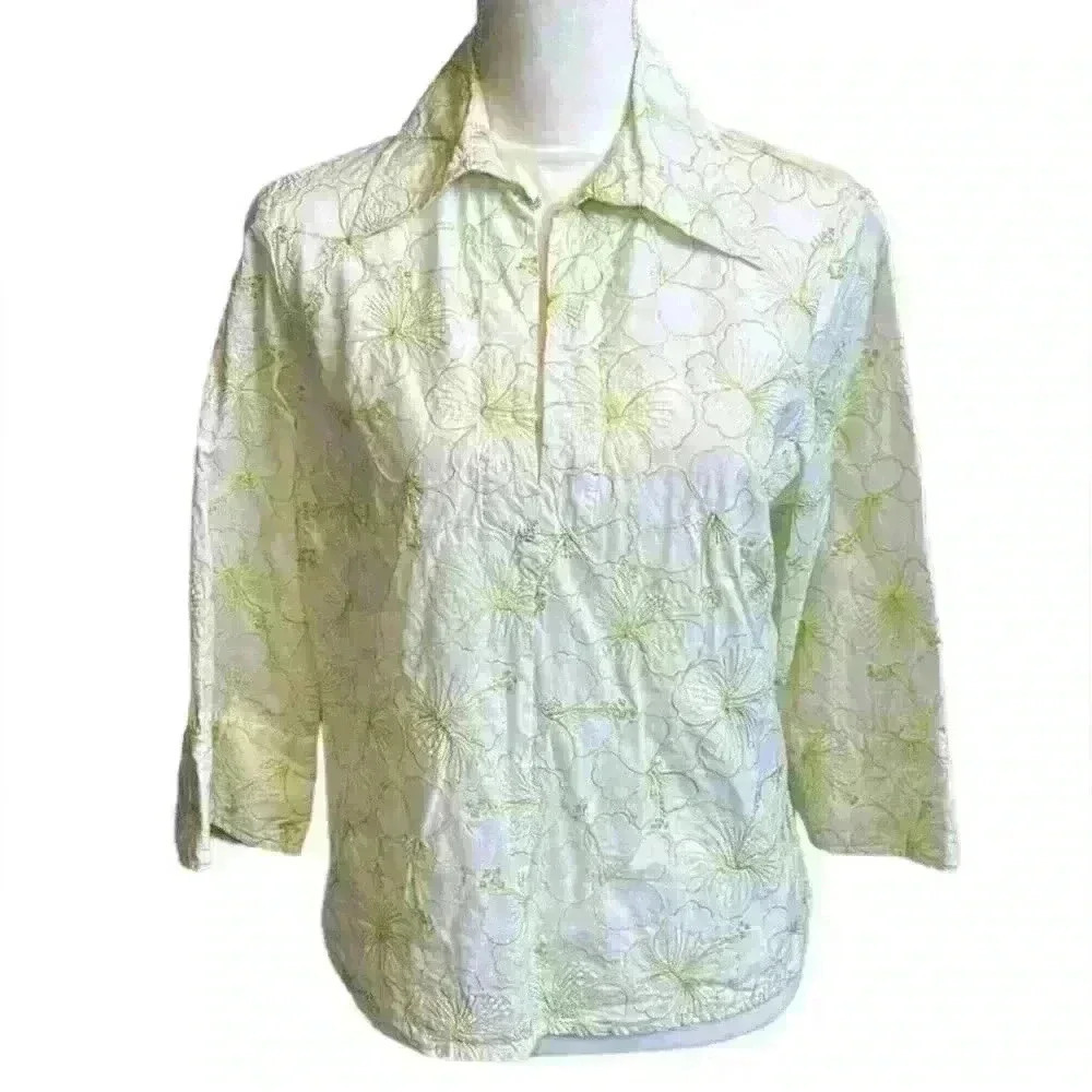 Women’s Tori Richard Honolulu Embroidered Hibiscus 3/4 Sleeves Tunic, Size 12